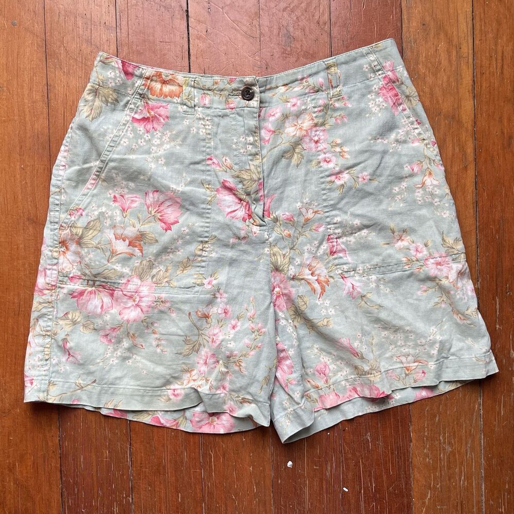 Vintage Jones New York Sport Women 6 Shorts Green Floral Cotton Linen High Rise
